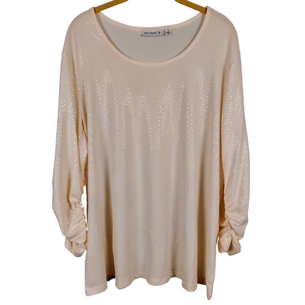 Susan Graver Womens 1X Ruched Sleeve Embellished Top Cream Sequin Glam Chic